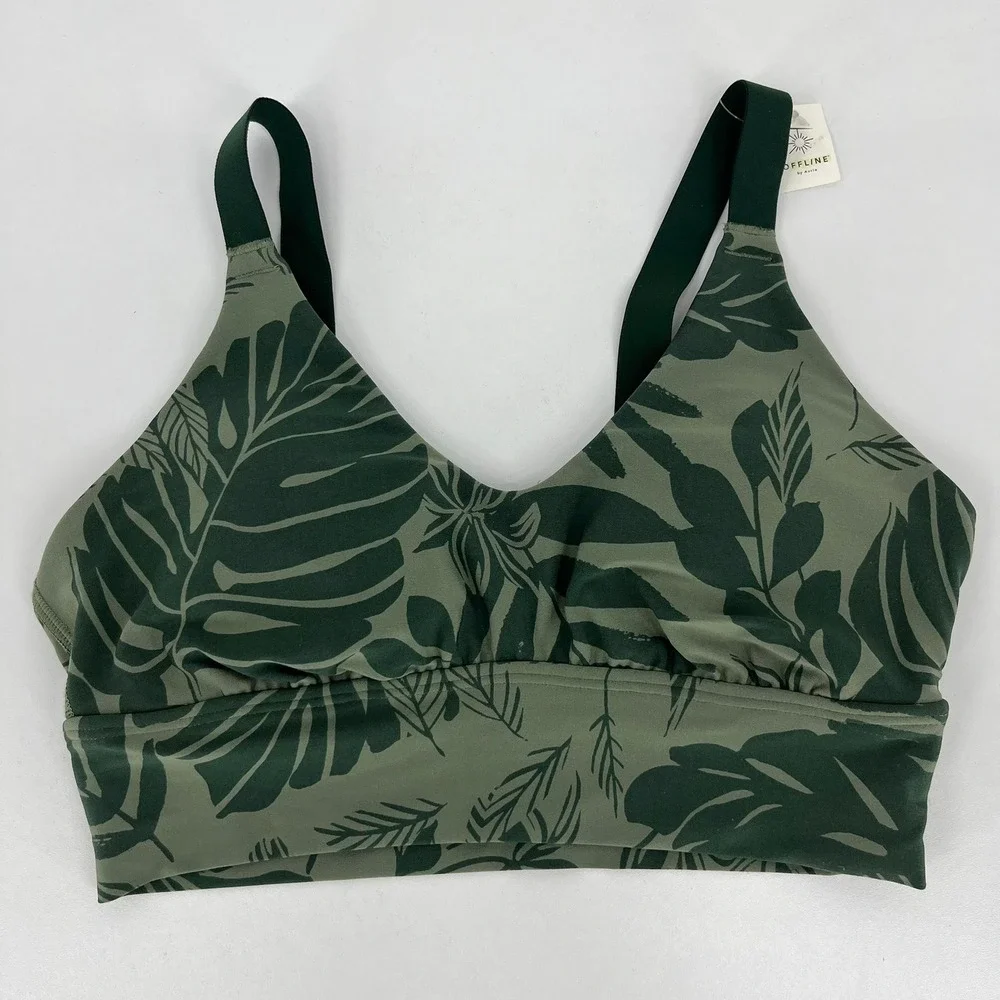 OFFLINE by Aerie Real Me Green Tropical Palm Print Sports Bra‎ Medium Support S